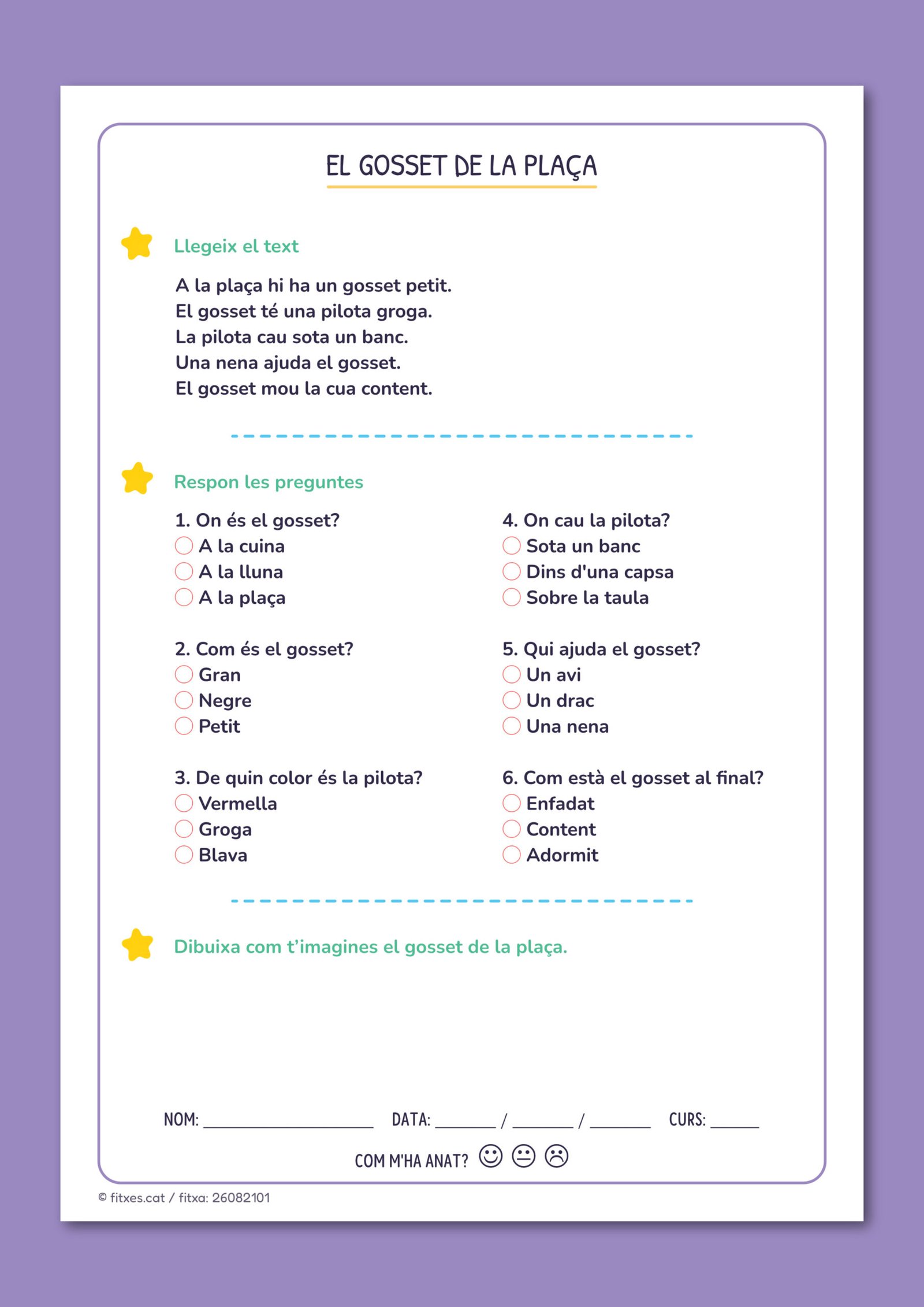 Activitat imprimible de comprensió lectora amb text curt i preguntes per a 1r i 2n de Primària en català.