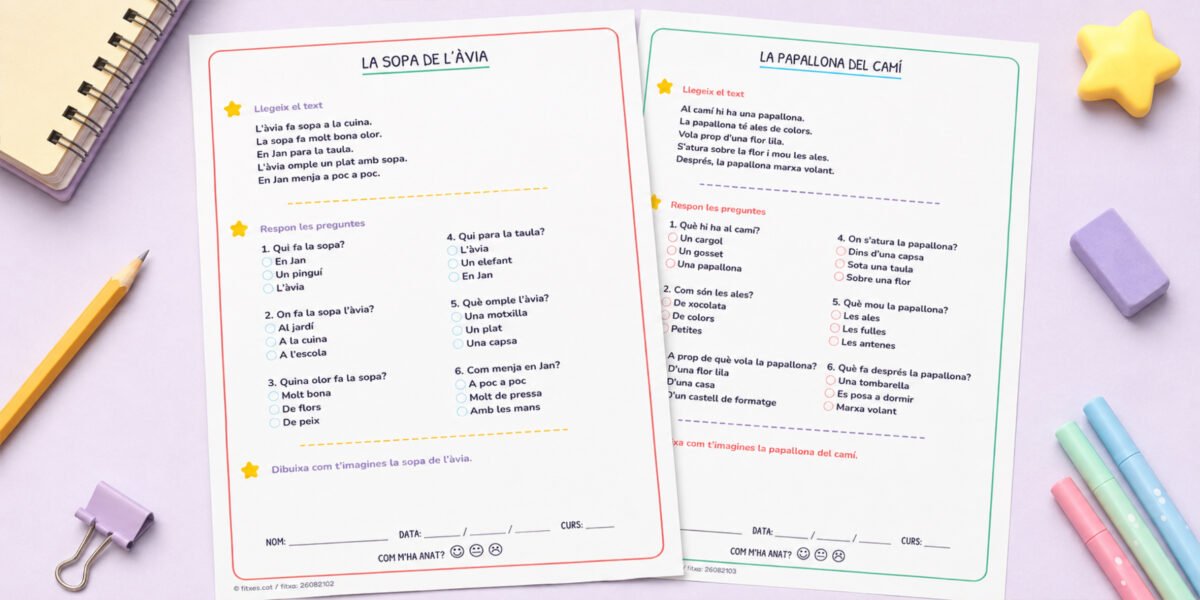 Fitxa de comprensió lectora amb quatre contes curts, preguntes i dibuix, per a 1r i 2n de Primària en català.