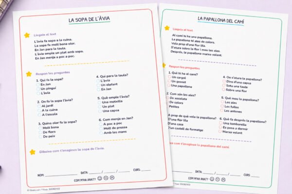 Fitxa de comprensió lectora amb quatre contes curts, preguntes i dibuix, per a 1r i 2n de Primària en català.