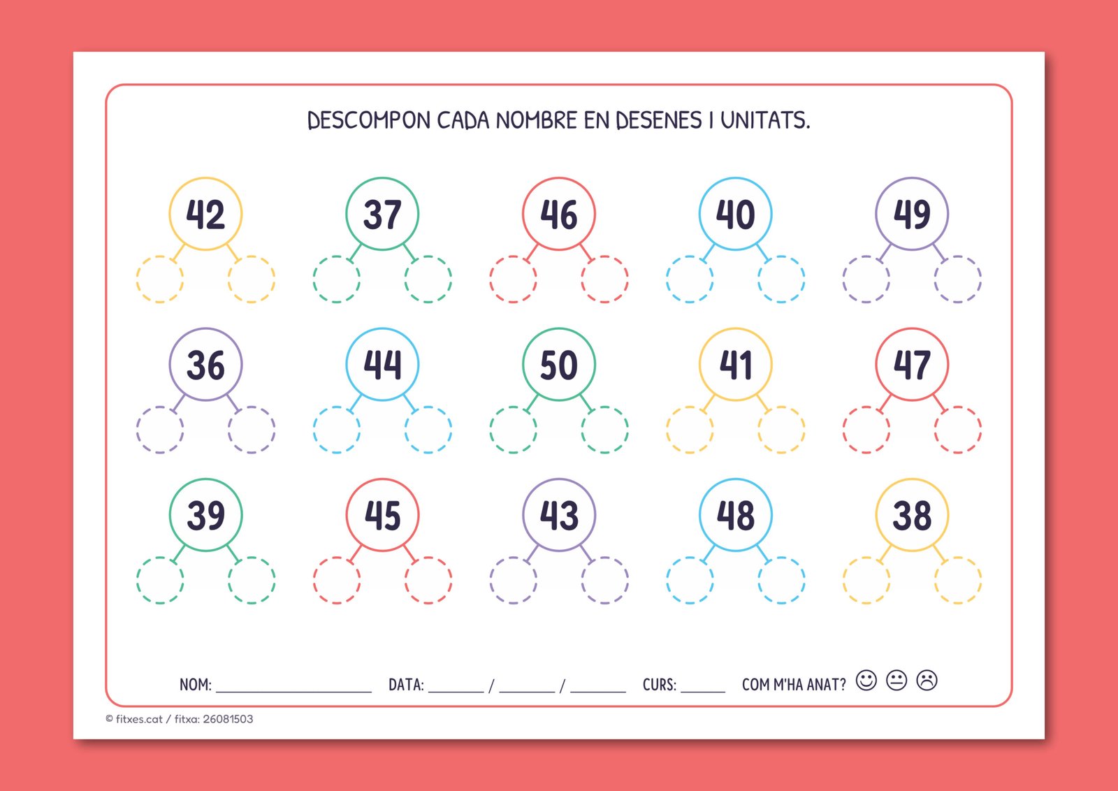 Fitxa de matemàtiques per descompondre nous nombres en desenes i unitats, per a 1r de Primària en català.