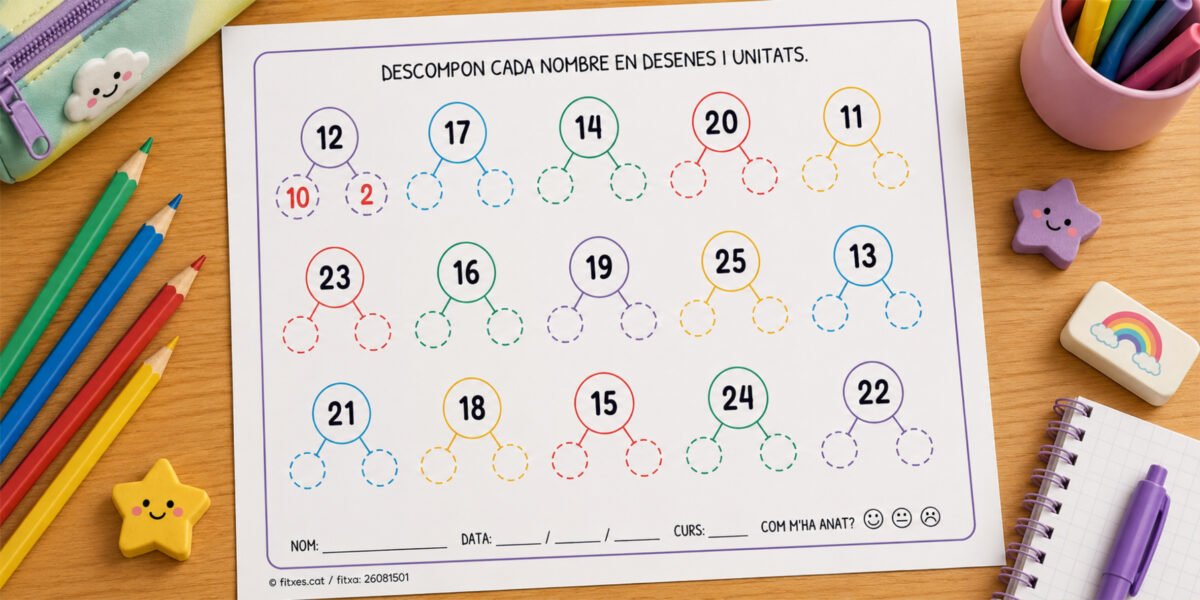 Fitxa per descompondre nombres en desenes i unitats, de l'1 al 50, per a 1r de Primària en català.