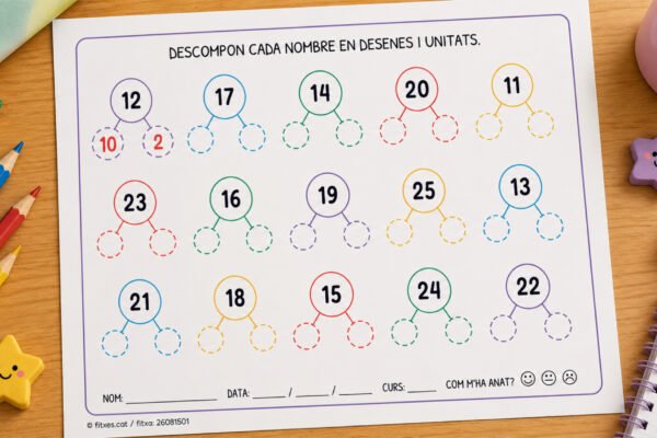 Fitxa per descompondre nombres en desenes i unitats, de l'1 al 50, per a 1r de Primària en català.