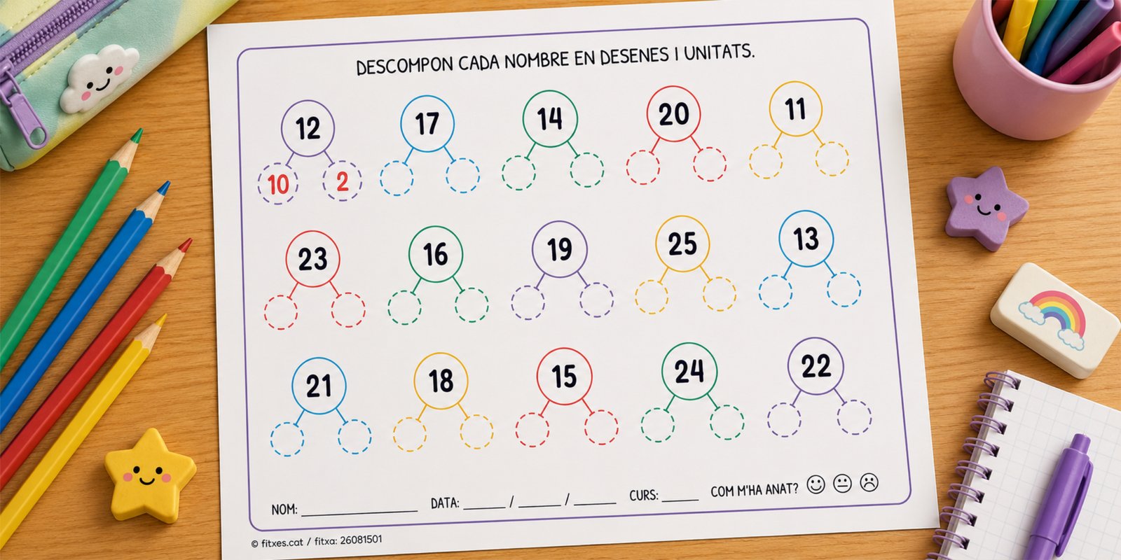 Fitxa per descompondre nombres en desenes i unitats, de l'1 al 50, per a 1r de Primària en català.