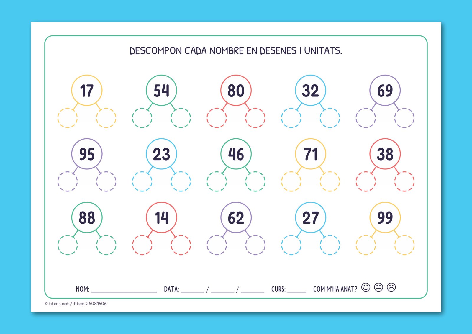 Fitxa de matemàtiques per descompondre nous nombres en desenes i unitats, per a 2n de Primària en català.