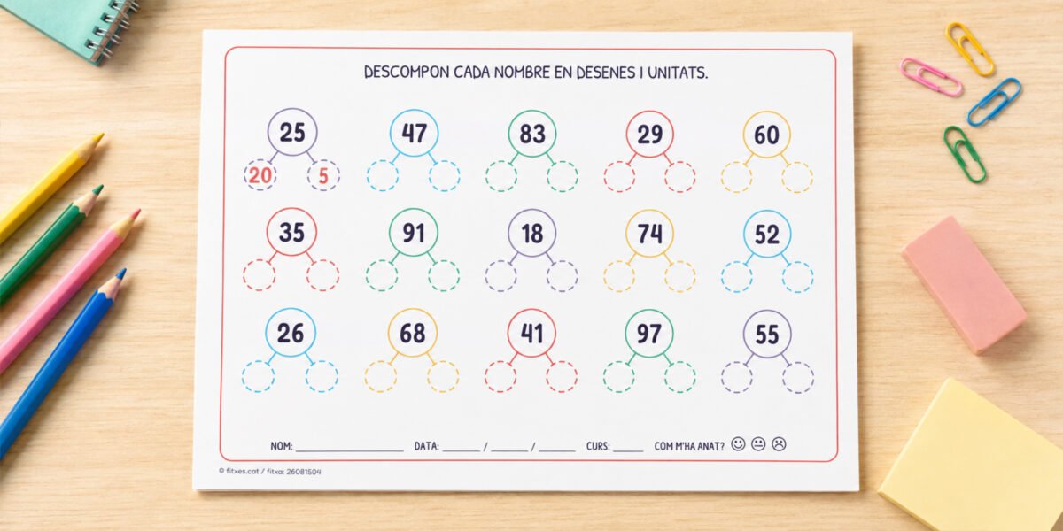 Fitxa per descompondre nombres en desenes i unitats amb un esquema d'arbre, de l'1 al 99, per a 2n de Primària en català.