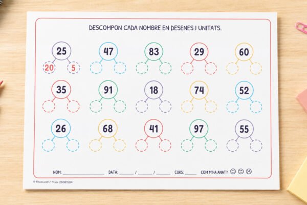 Fitxa per descompondre nombres en desenes i unitats amb un esquema d'arbre, de l'1 al 99, per a 2n de Primària en català.