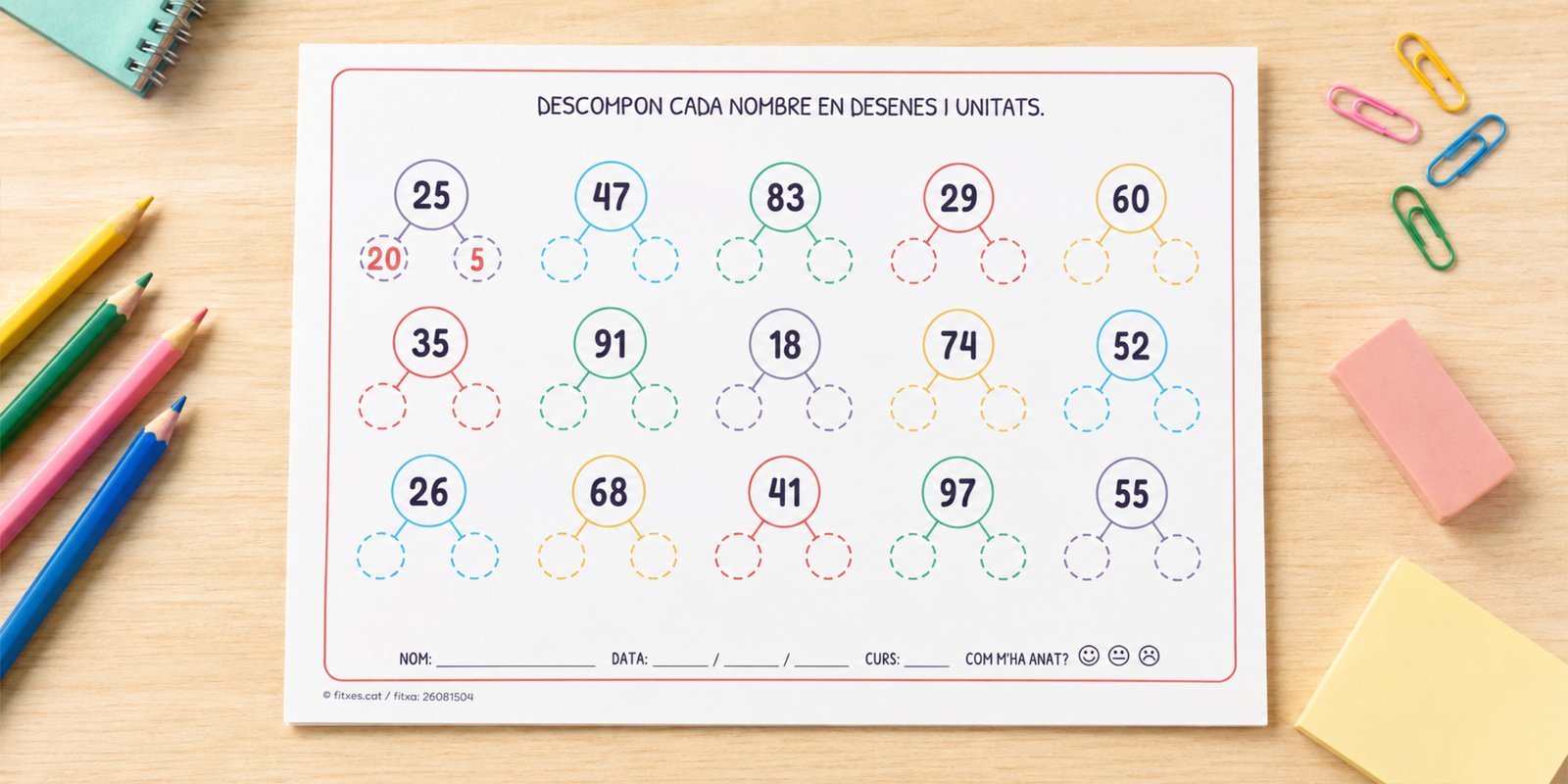 Fitxa per descompondre nombres en desenes i unitats amb un esquema d'arbre, de l'1 al 99, per a 2n de Primària en català.