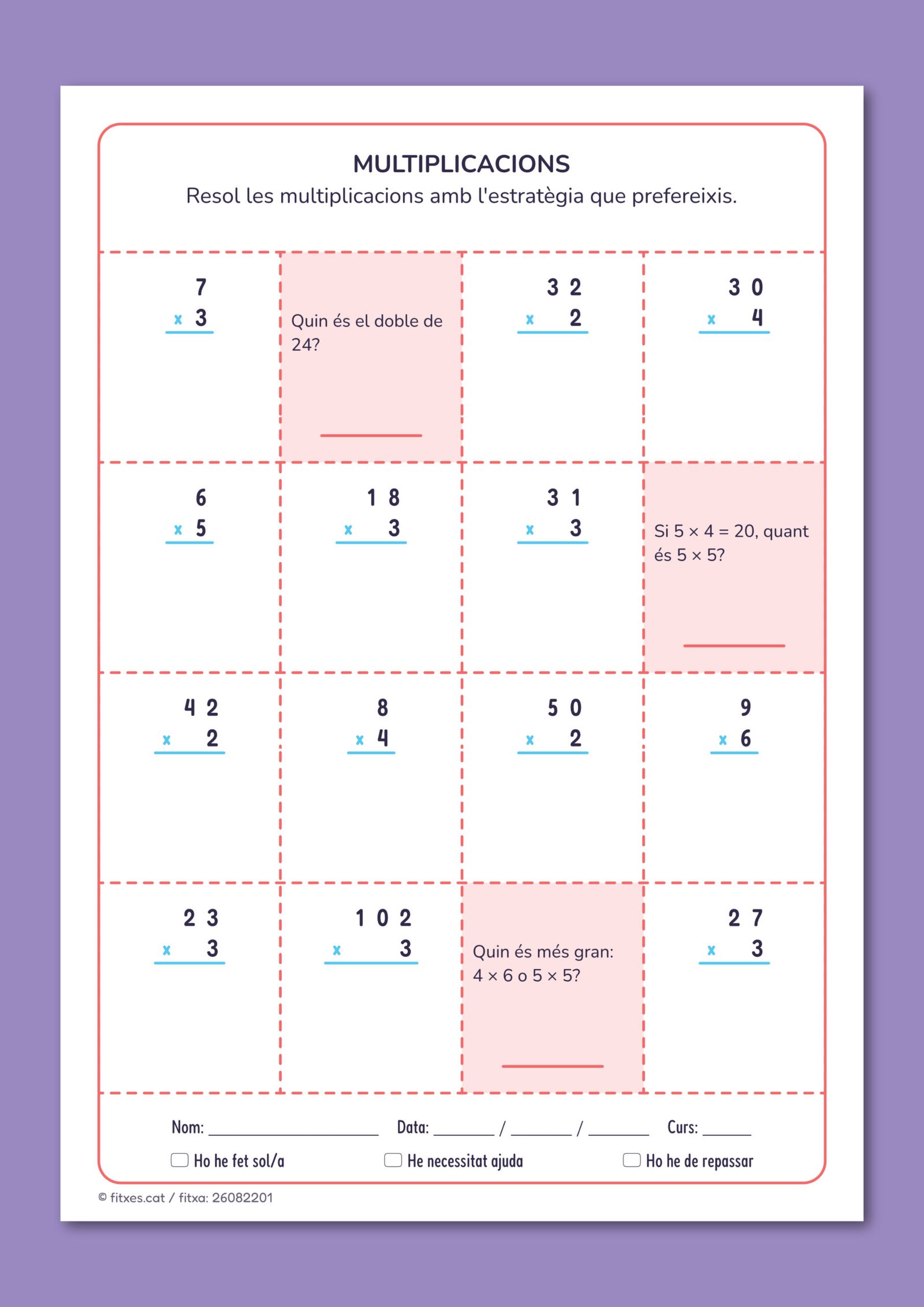 Activitat de multiplicacions amb l'estratègia que es prefereixi, per a 3r de Primària en català.