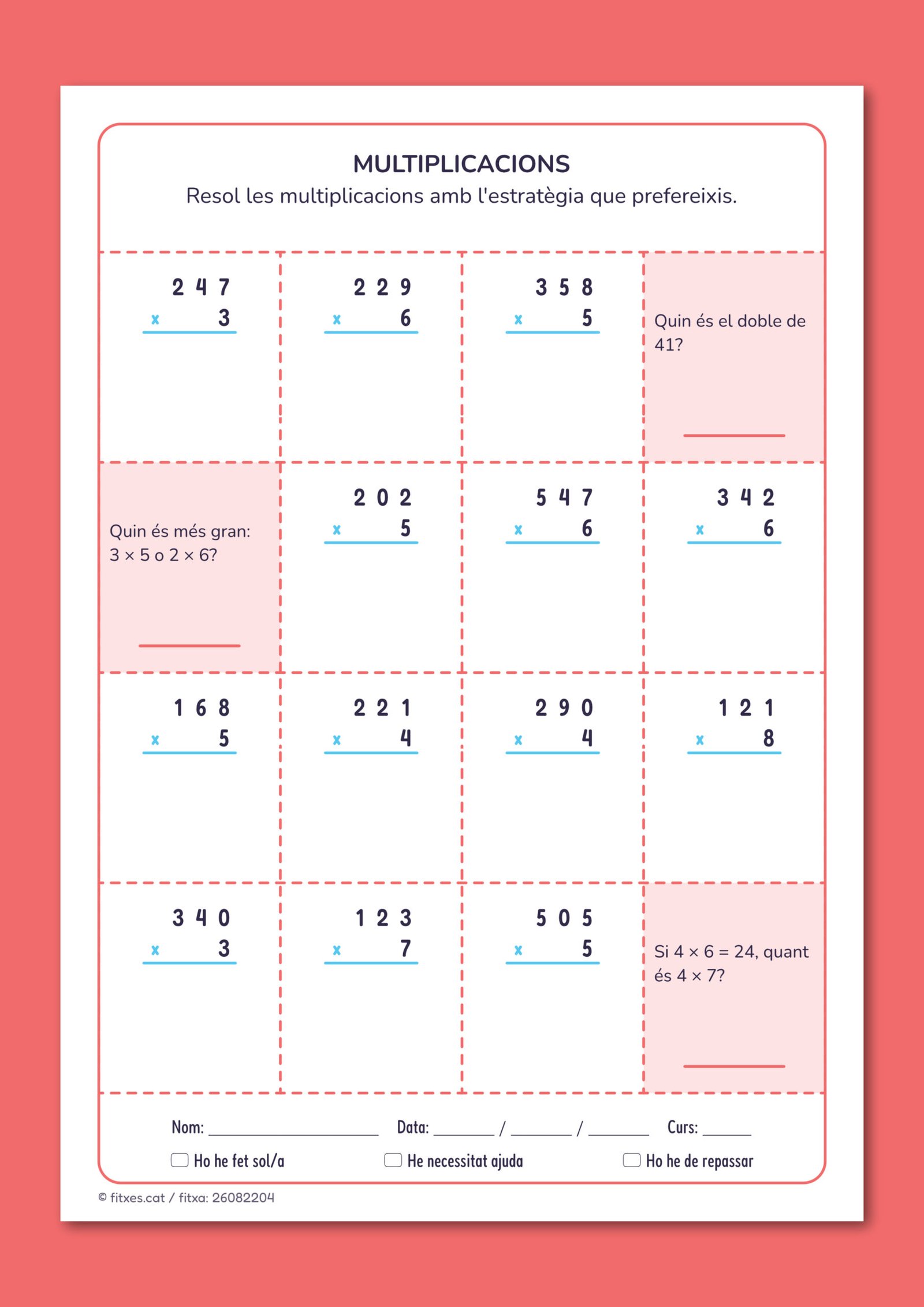 Fitxa de matemàtiques amb noves multiplicacions i preguntes de múltiples, per a 3r de Primària en català.