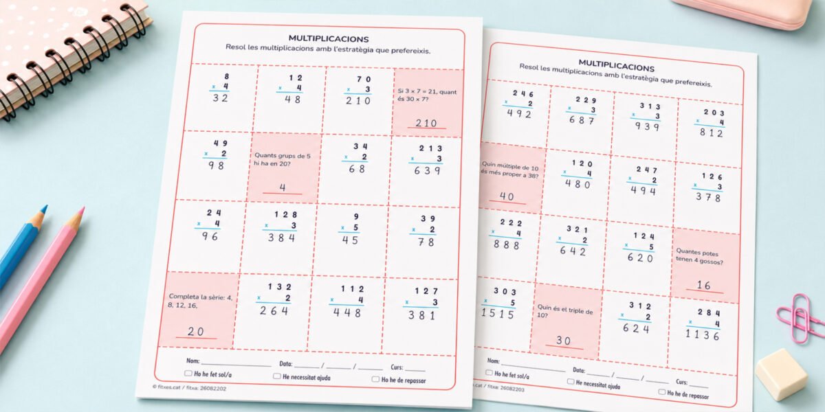 Fitxa de multiplicacions combinades amb preguntes de múltiples i sèries numèriques, per a 3r de Primària en català.