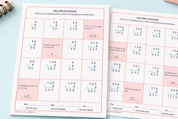 Fitxa de multiplicacions combinades amb preguntes de múltiples i sèries numèriques, per a 3r de Primària en català.