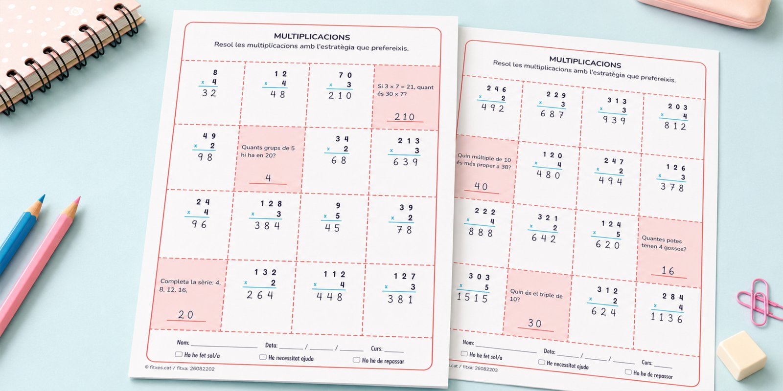 Fitxa de multiplicacions combinades amb preguntes de múltiples i sèries numèriques, per a 3r de Primària en català.