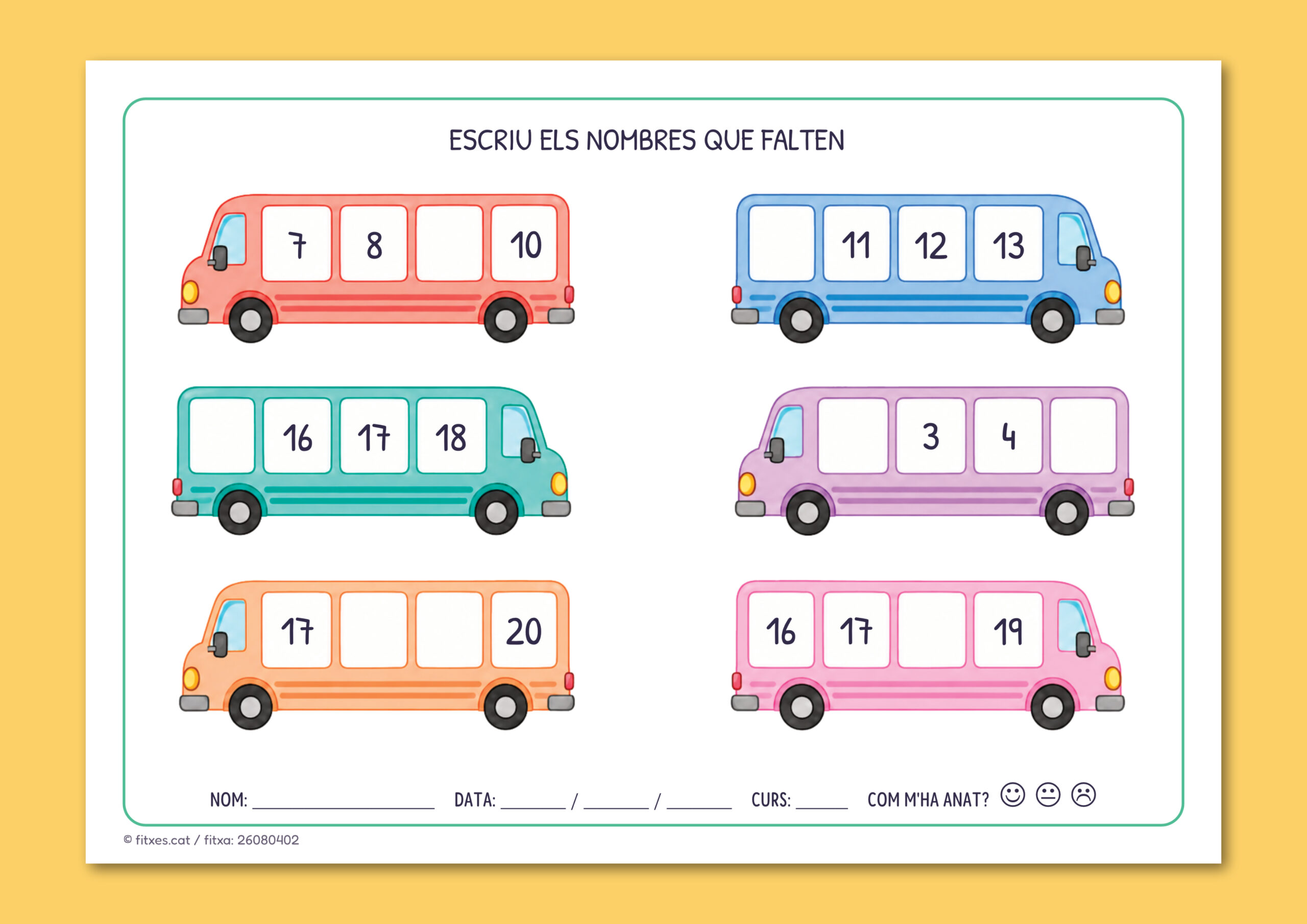 Activitat per completar seqüències de quatre nombres consecutius a les finestres d'uns autobusos, per a 1r de Primària en català.