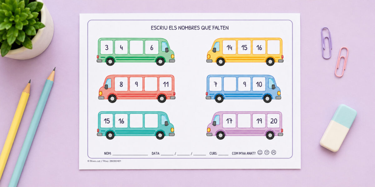 Fitxa per escriure els nombres que falten en seqüències d'autobusos, de l'1 al 100, per a 1r de Primària en català.