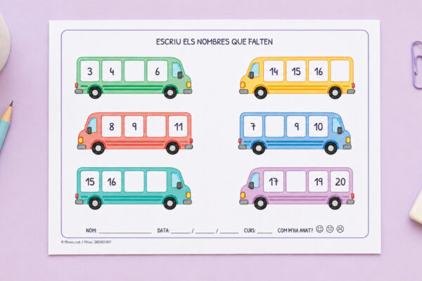 Fitxa per escriure els nombres que falten en seqüències d'autobusos, de l'1 al 100, per a 1r de Primària en català.