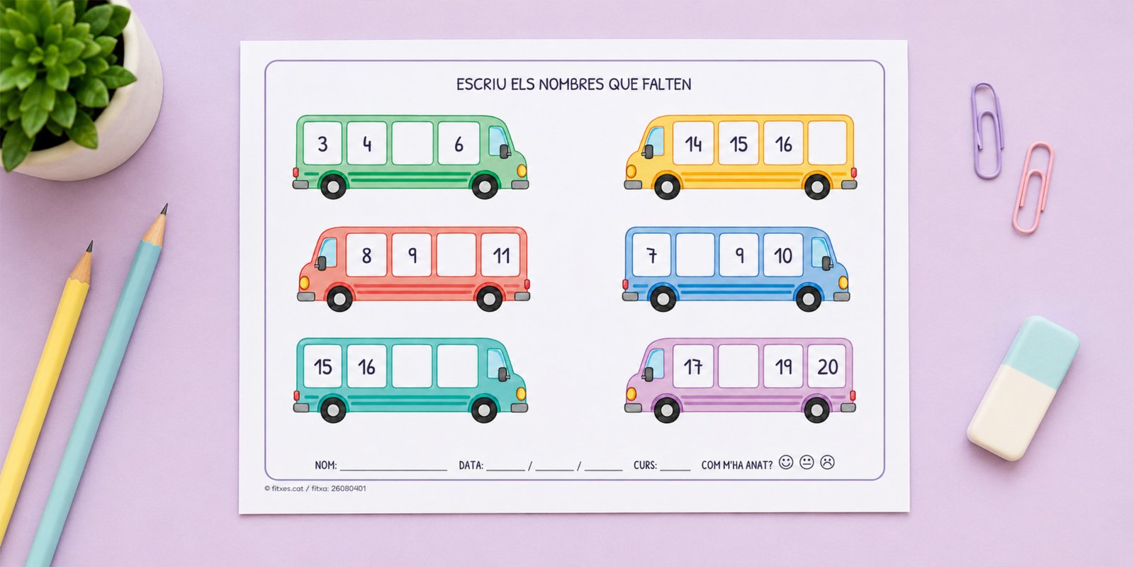 Fitxa per escriure els nombres que falten en seqüències d'autobusos, de l'1 al 100, per a 1r de Primària en català.