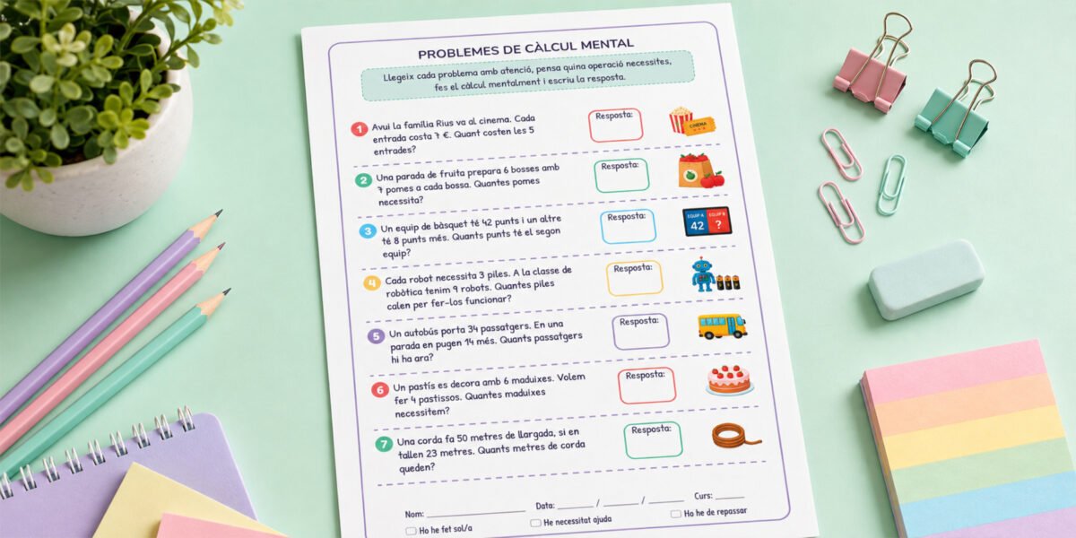 Fitxa de problemes de càlcul mental per identificar l'operació i respondre, per a 3r de Primària en català.