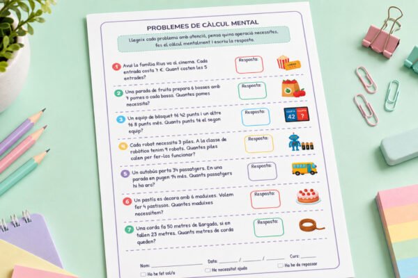 Fitxa de problemes de càlcul mental per identificar l'operació i respondre, per a 3r de Primària en català.