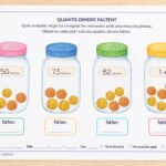 Fitxa per calcular quants diners falten en un pot sumant les monedes i restant de l'etiqueta, per a 3r i 4t de Primària en català.