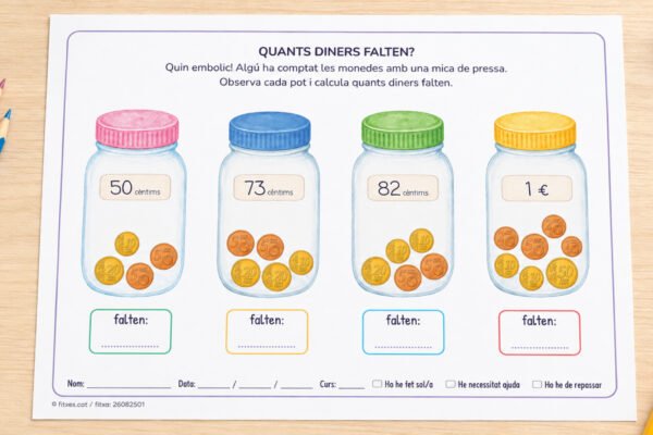 Fitxa per calcular quants diners falten en un pot sumant les monedes i restant de l'etiqueta, per a 3r i 4t de Primària en català.