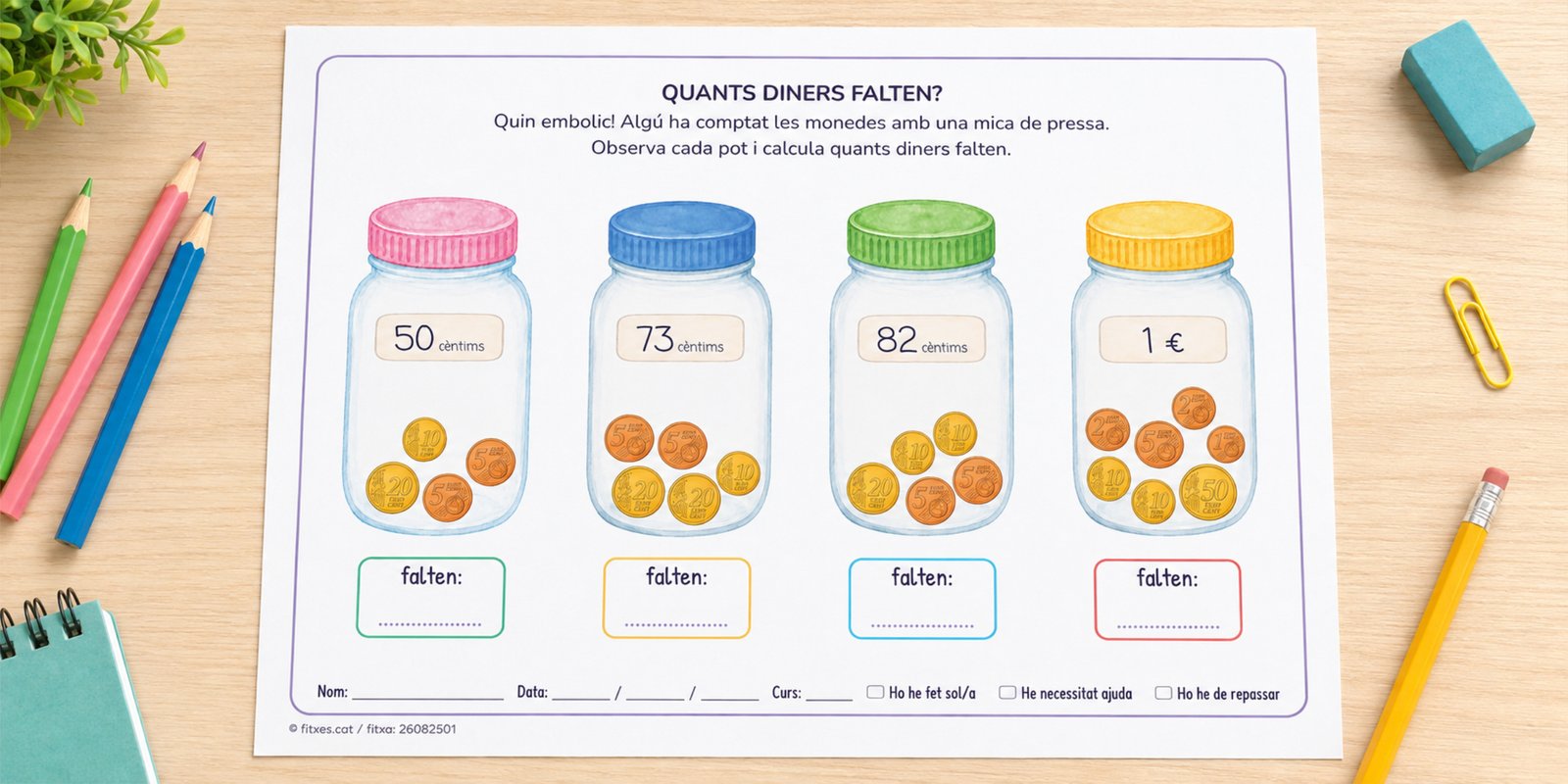 Fitxa per calcular quants diners falten en un pot sumant les monedes i restant de l'etiqueta, per a 3r i 4t de Primària en català.