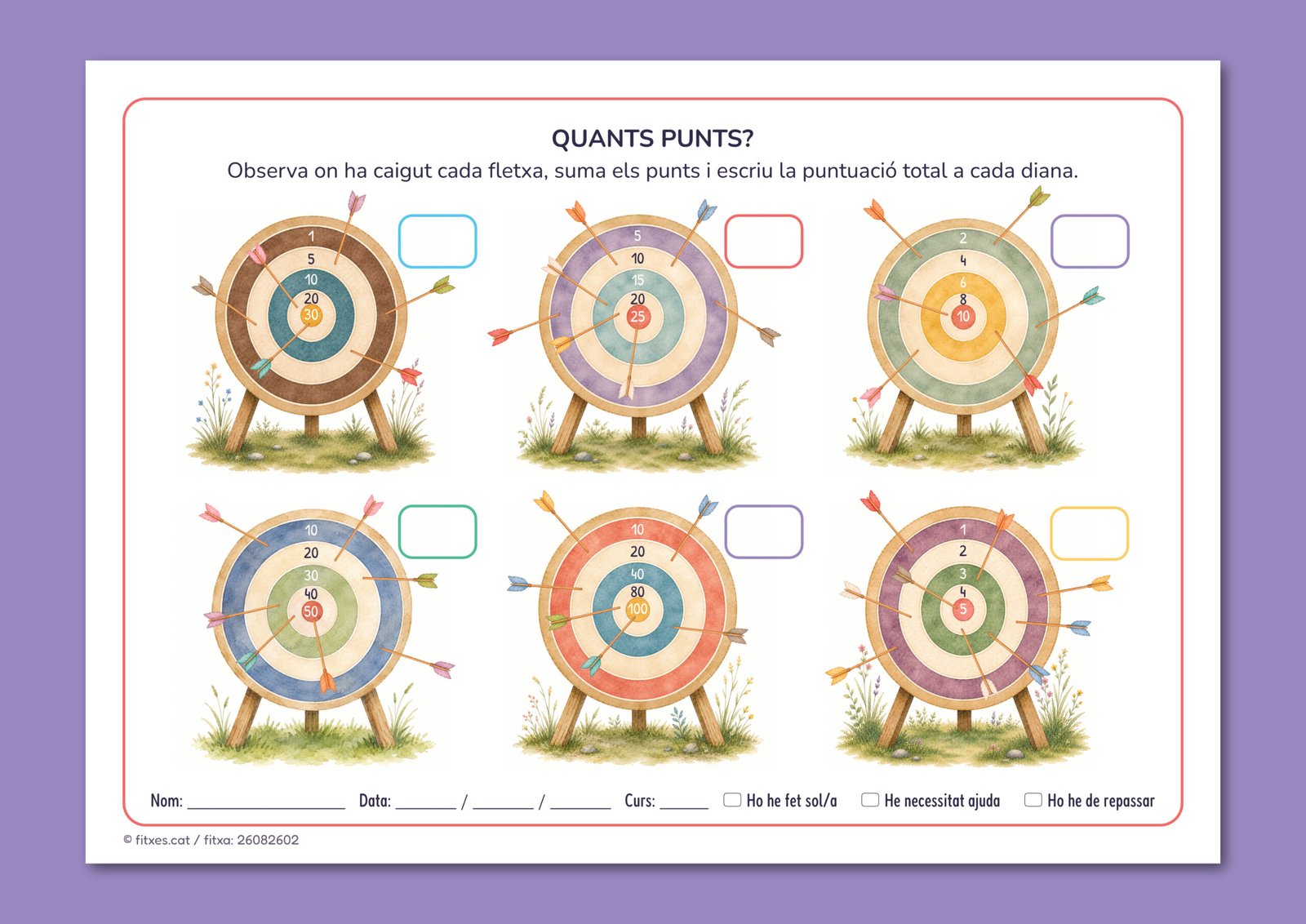 Activitat de sumar punts observant on ha caigut cada fletxa en diferents dianes, per a 3r i 4t de Primària en català.
