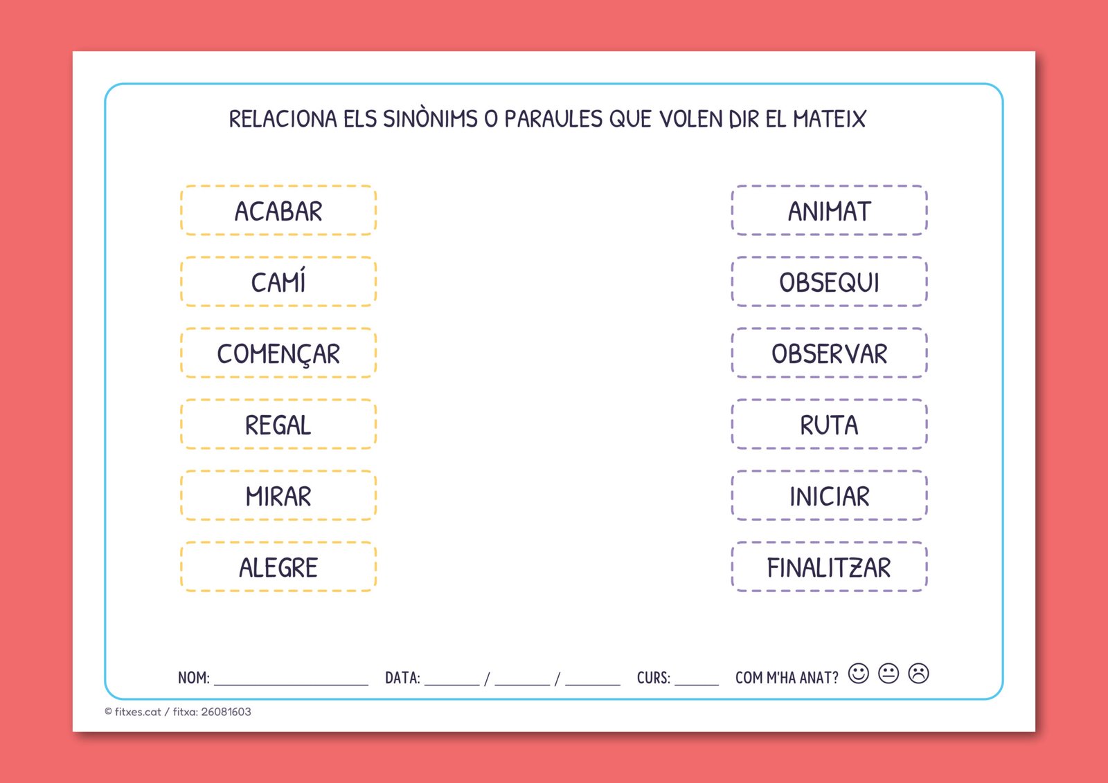 Fitxa de vocabulari amb nous sinònims per relacionar, per a 1r i 2n de Primària en català.