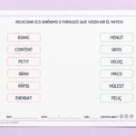 Fitxa per relacionar sinònims i paraules que volen dir el mateix, per a 1r i 2n de Primària en català.