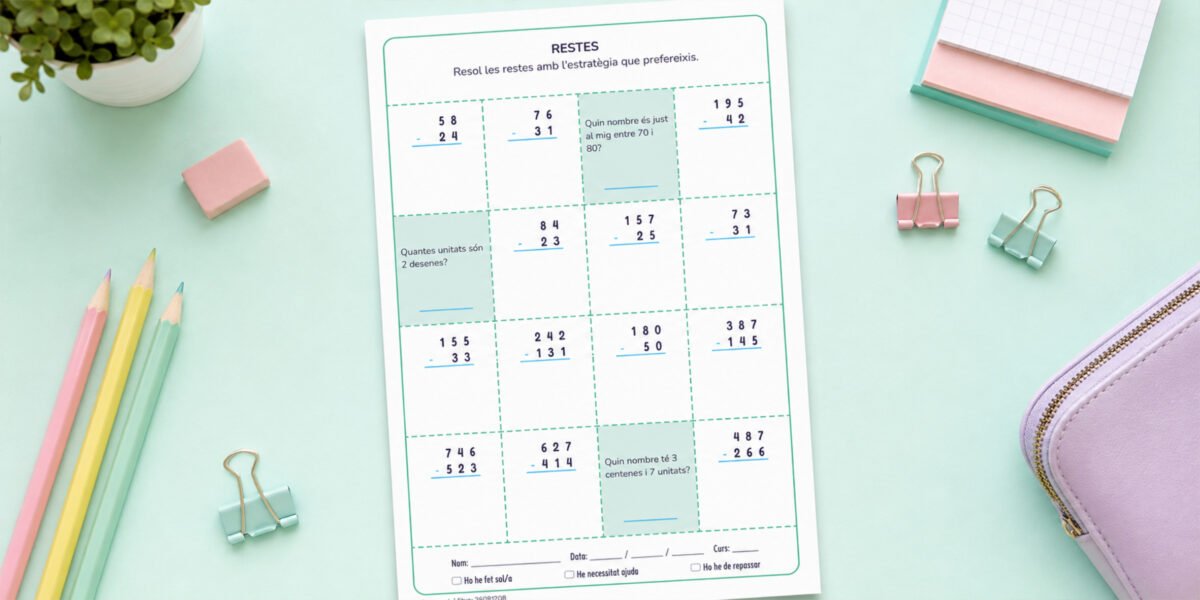 Fitxa de restes de 2 i 3 xifres combinades amb preguntes de valor posicional, per a 3r de Primària en català.