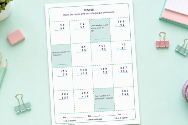 Fitxa de restes de 2 i 3 xifres combinades amb preguntes de valor posicional, per a 3r de Primària en català.