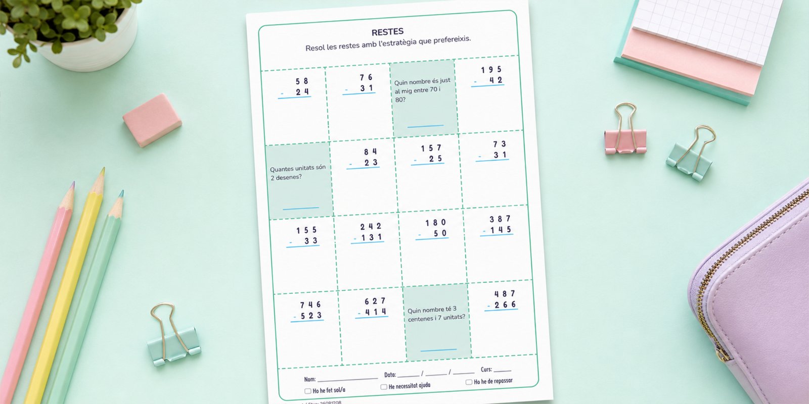Fitxa de restes de 2 i 3 xifres combinades amb preguntes de valor posicional, per a 3r de Primària en català.