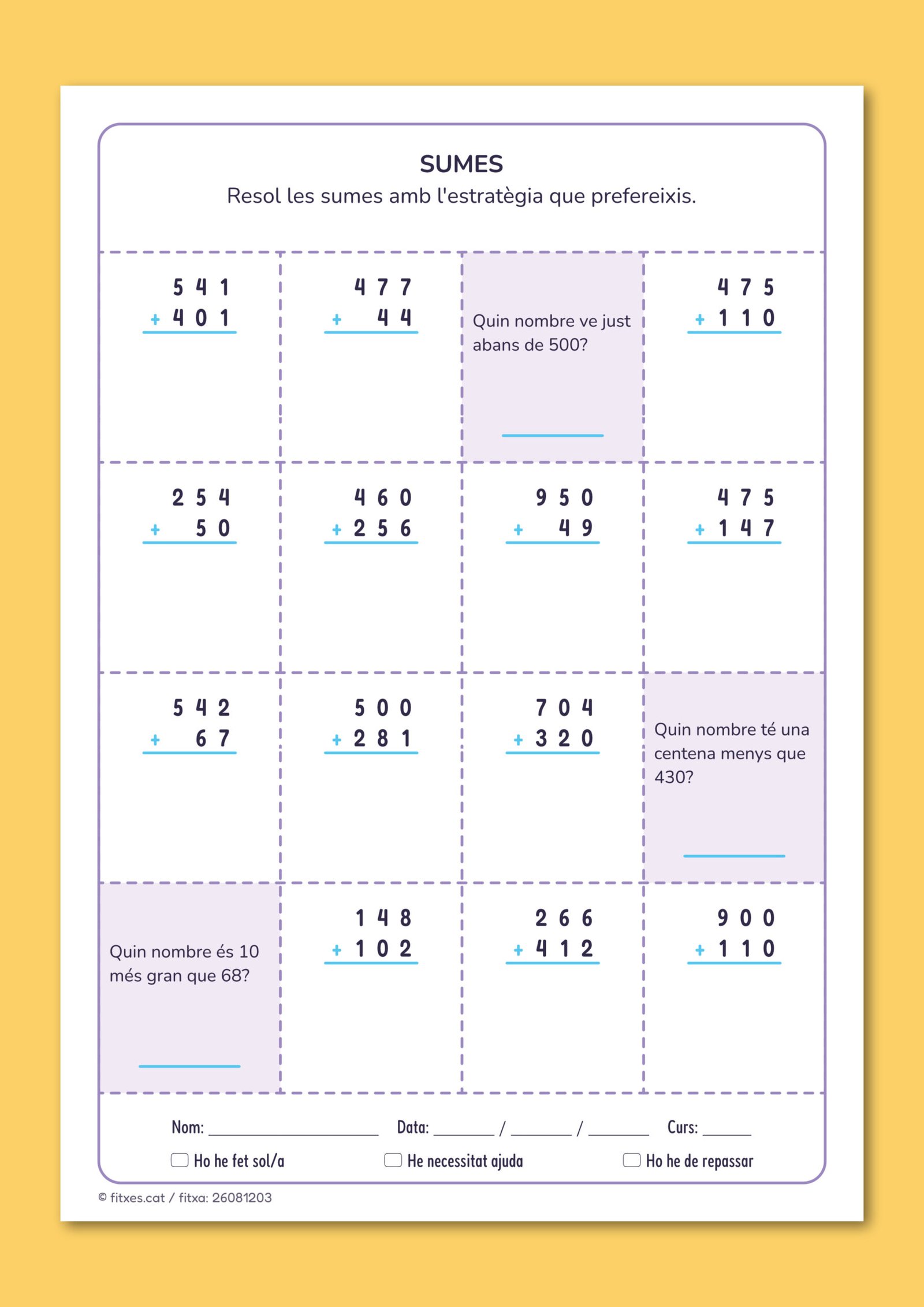 Fitxa de matemàtiques amb noves sumes i preguntes de comparació de nombres, per a 3r de Primària en català.