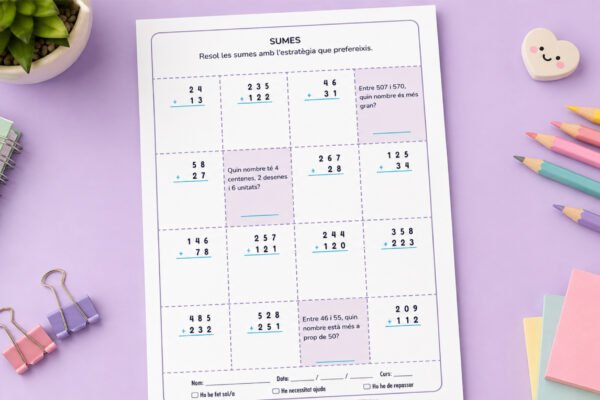 Fitxa de sumes de 2 i 3 xifres combinades amb preguntes de valor posicional, per a 3r de Primària en català.