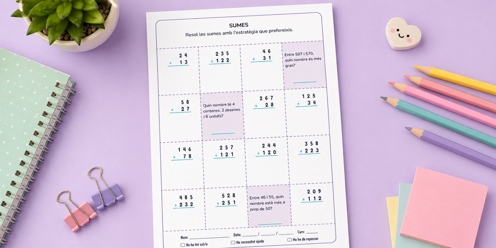 Fitxa de sumes de 2 i 3 xifres combinades amb preguntes de valor posicional, per a 3r de Primària en català.