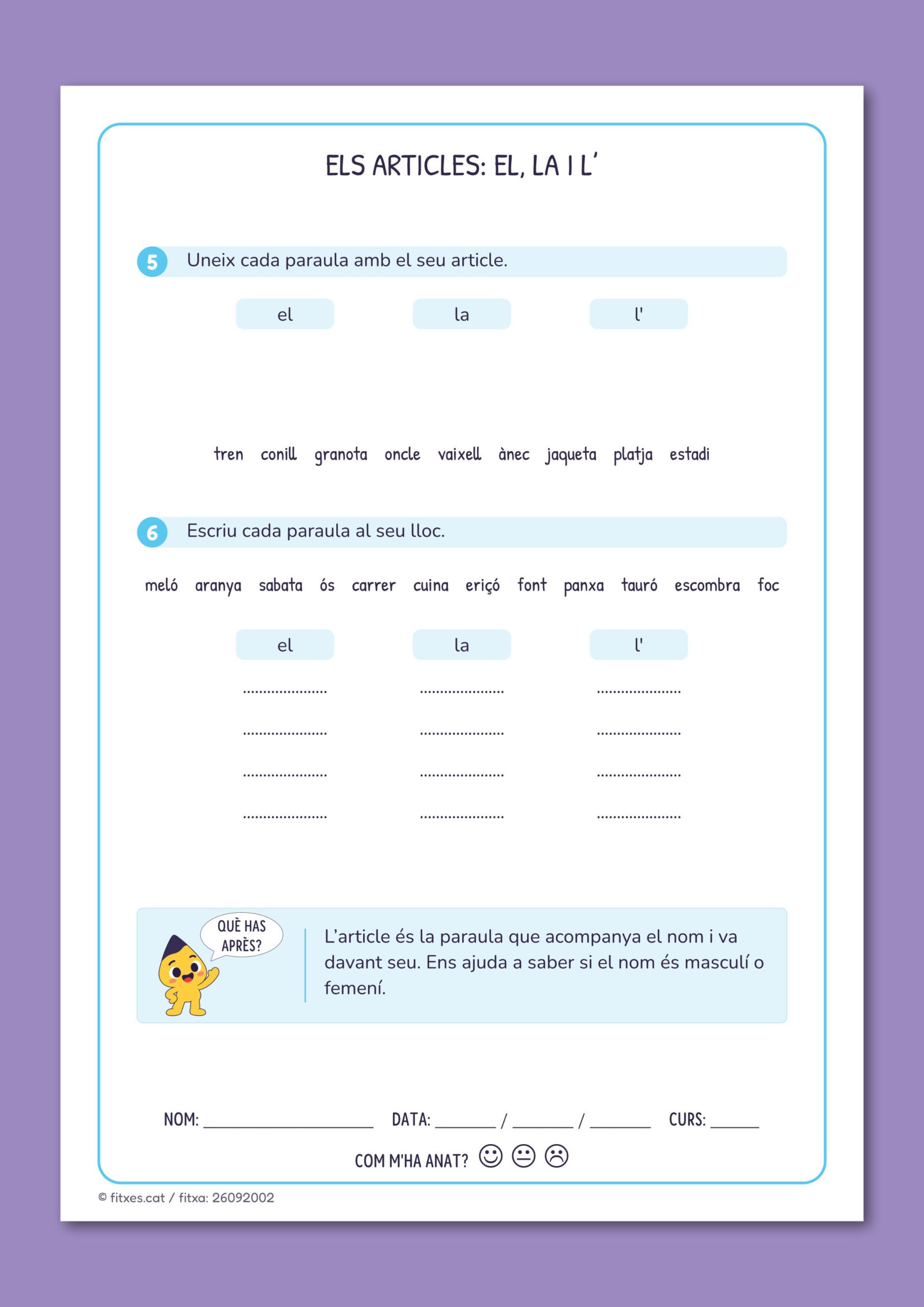 Fitxa dels articles amb exercicis de relacionar i classificar paraules segons l'article, per a 2n de Primària en català.