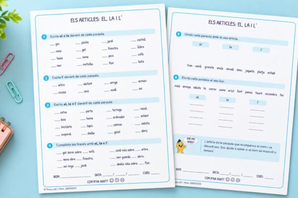 Fitxa per treballar els articles el, la i l' segons el gènere i la inicial de la paraula, per a 2n de Primària en català.