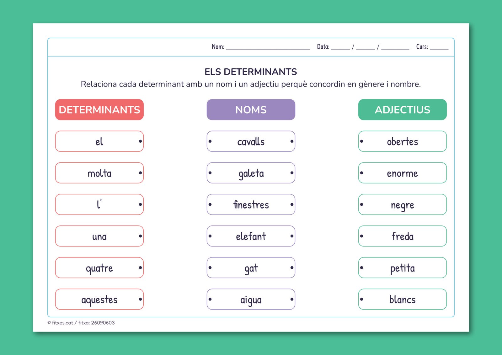 Fitxa dels determinants amb noves paraules per relacionar segons el gènere i el nombre, per a 5è de Primària en català.