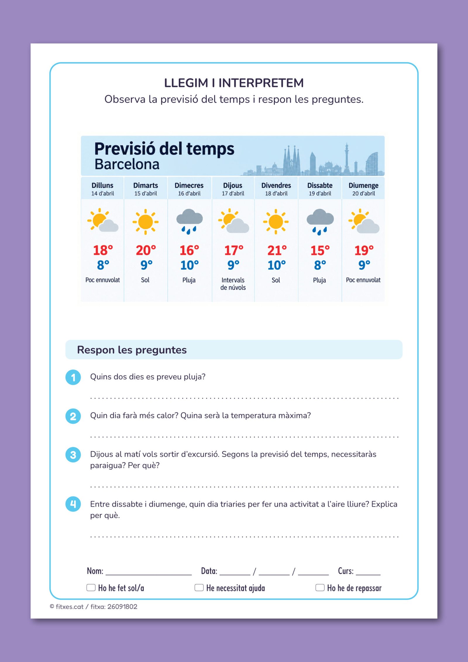 Activitat per interpretar un horari de bus i respondre preguntes, per a 3r i 4t de Primària en català.