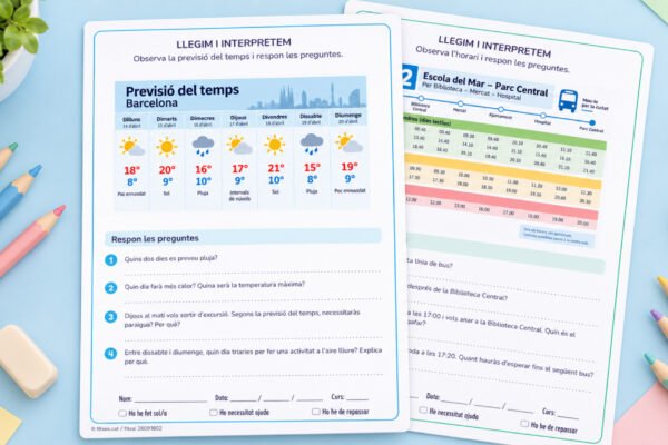 Fitxa de comprensió lectora per interpretar documents reals com horaris, tiquets i cartells, per a 3r i 4t de Primària en català.