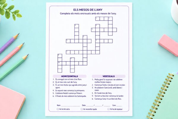 Fitxa de mots encreuats per completar els mesos de l'any i els dies de la setmana, per a 3r i 4t de Primària en català.