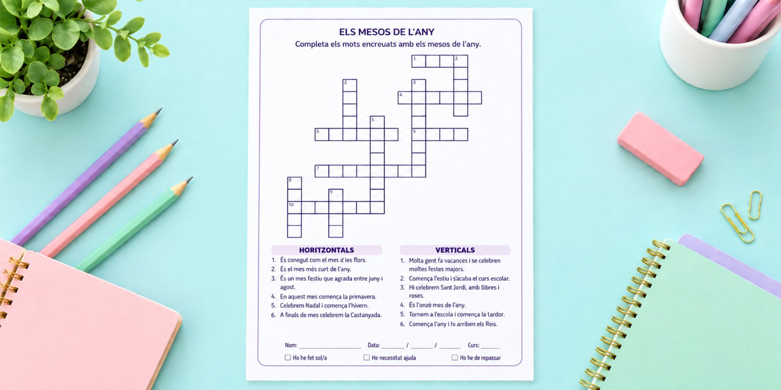 Fitxa de mots encreuats per completar els mesos de l'any i els dies de la setmana, per a 3r i 4t de Primària en català.