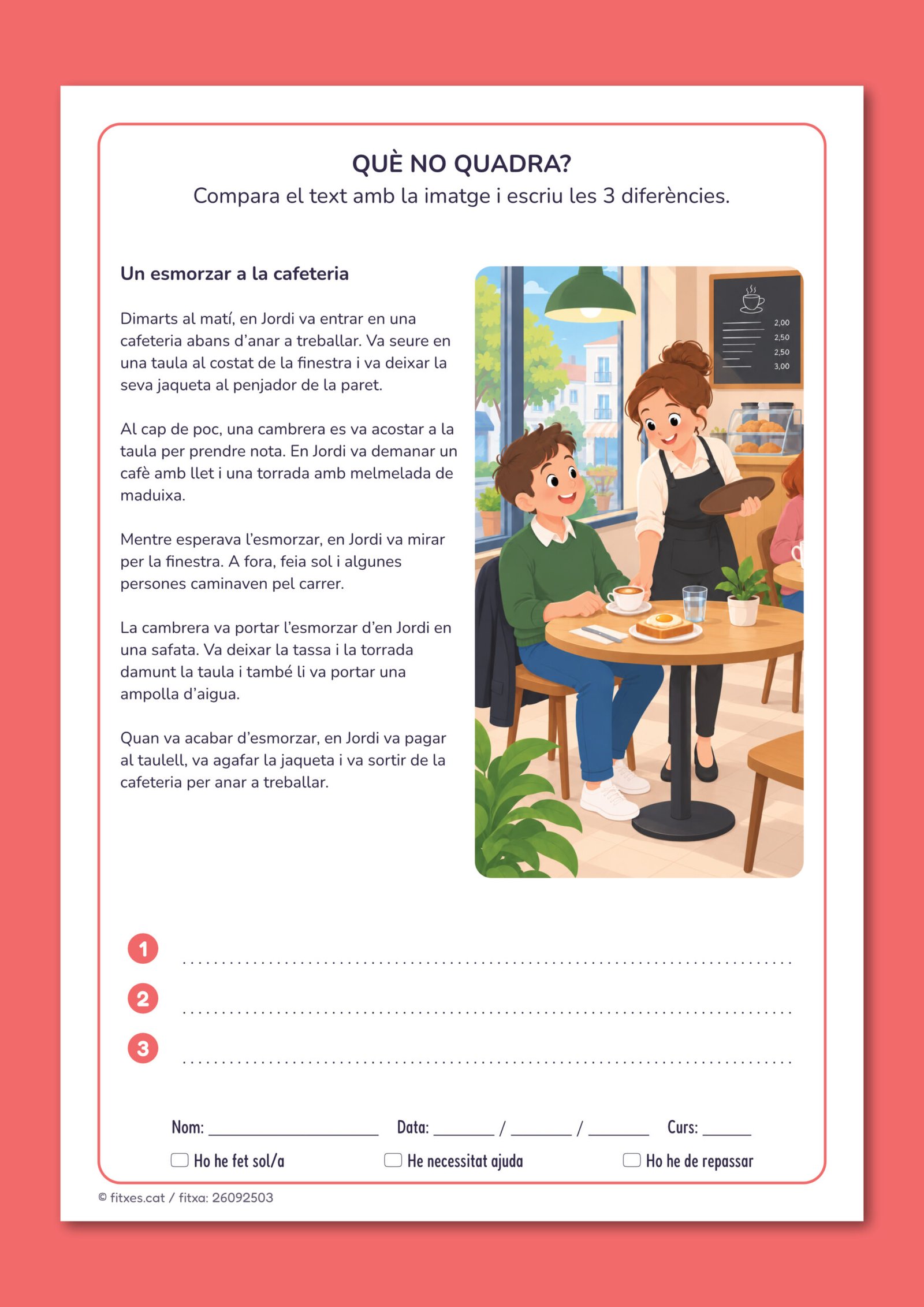 Fitxa de comprensió lectora amb un nou text i imatge per comparar, per a 3r i 4t de Primària en català.