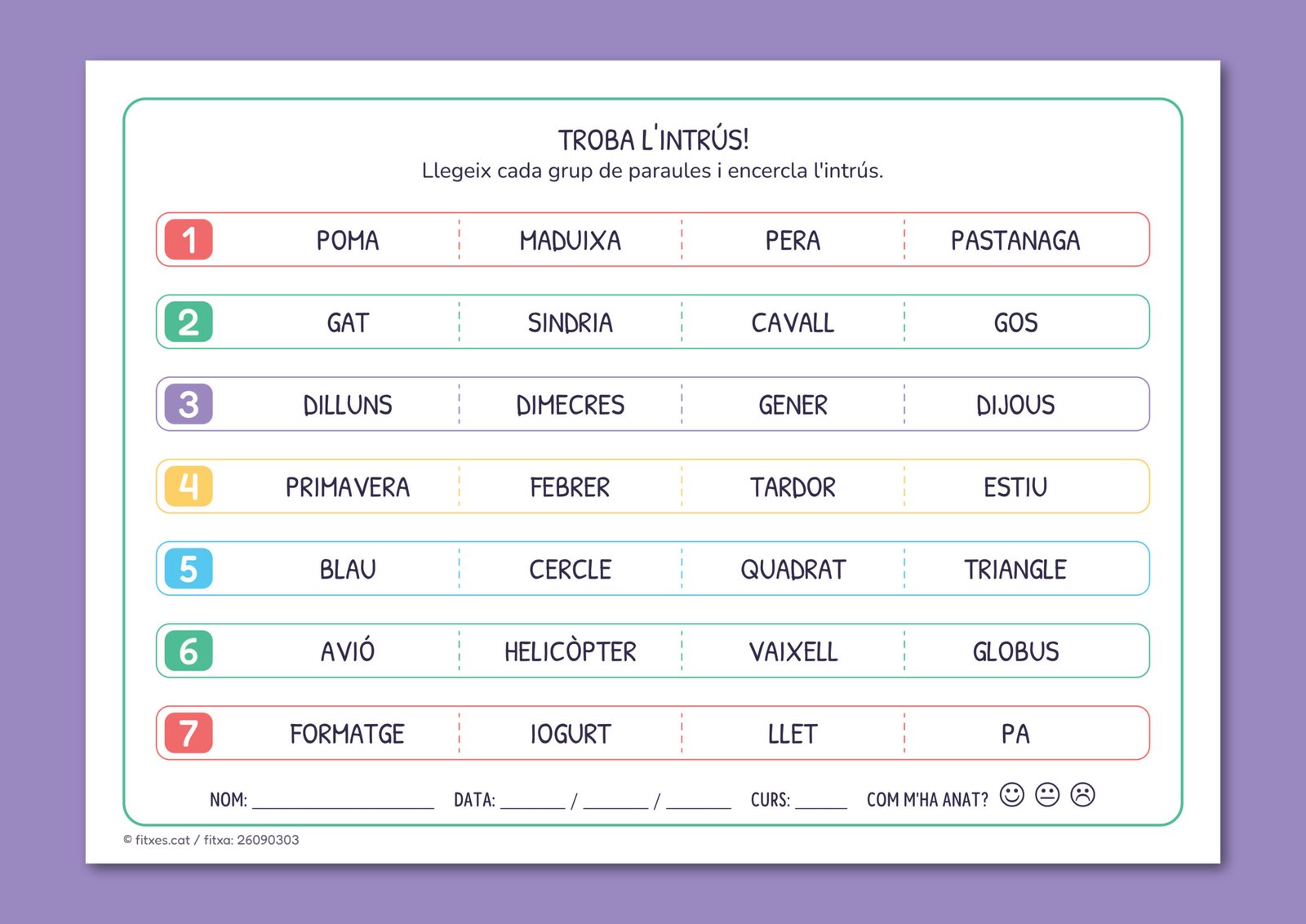 Activitat per llegir grups de paraules i encerclar la que no hi pertany, per a 1r i 2n de Primària en català.