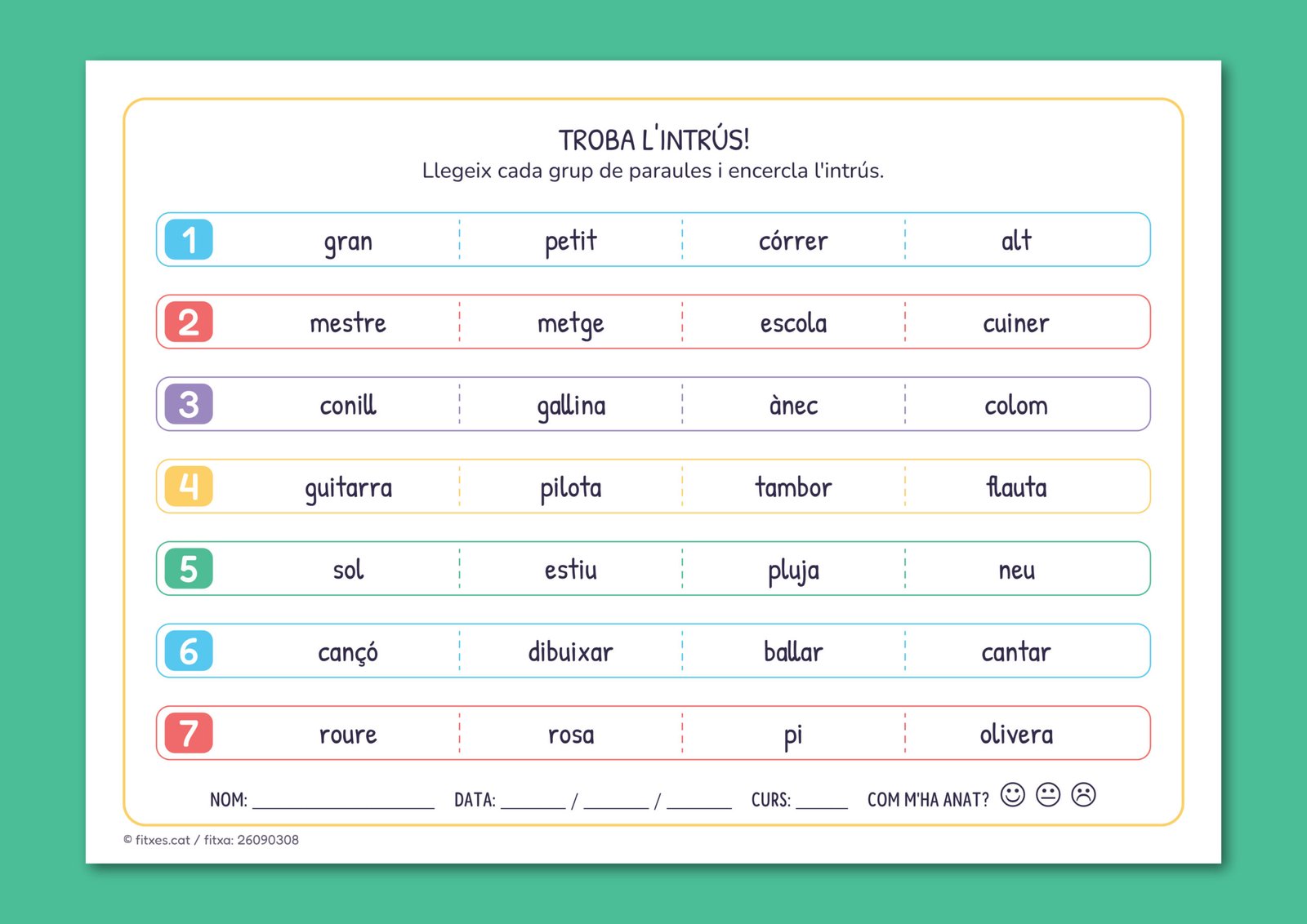 Fitxa de trobar l'intrús amb els mateixos grups de paraules en lletra minúscula, per a 1r i 2n de Primària en català.