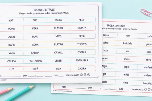 Fitxa per trobar la paraula intrusa a cada grup, en majúscula i minúscula, per a 1r i 2n de Primària en català.