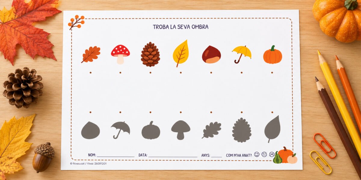 Fitxa per relacionar elements de tardor amb la seva ombra, per a I3, I4 i I5 en català.