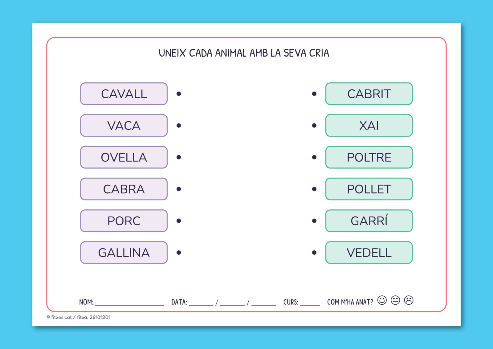 Activitat per unir animals de granja amb la seva cria, com vaca i vedell o porc i garrí, per a 1r i 2n de Primària en català.