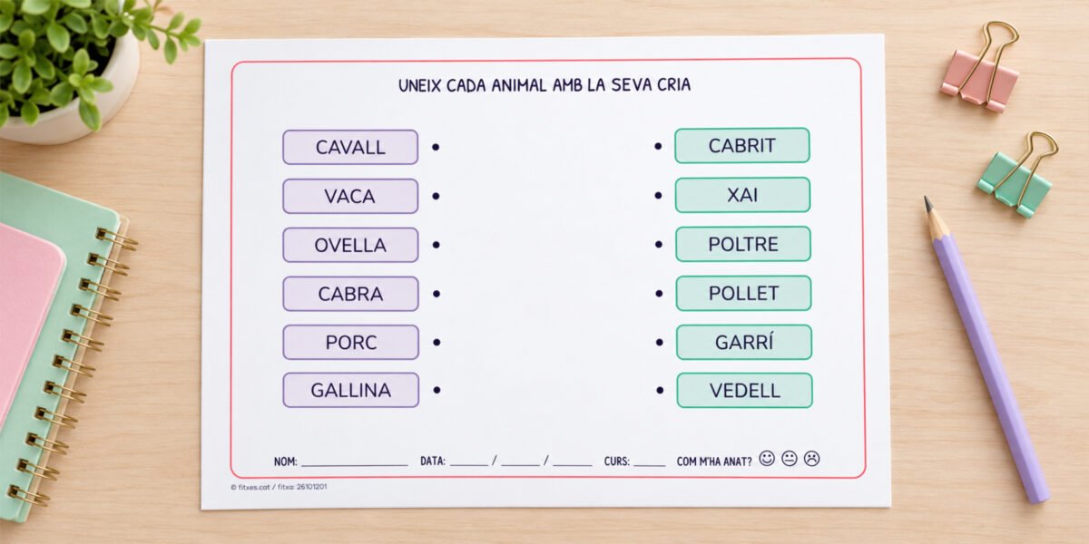 Fitxa per unir cada animal amb el nom de la seva cria, per a 1r i 2n de Primària en català.