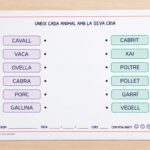 Fitxa per unir cada animal amb el nom de la seva cria, per a 1r i 2n de Primària en català.