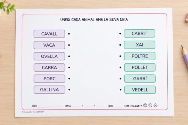 Fitxa per unir cada animal amb el nom de la seva cria, per a 1r i 2n de Primària en català.
